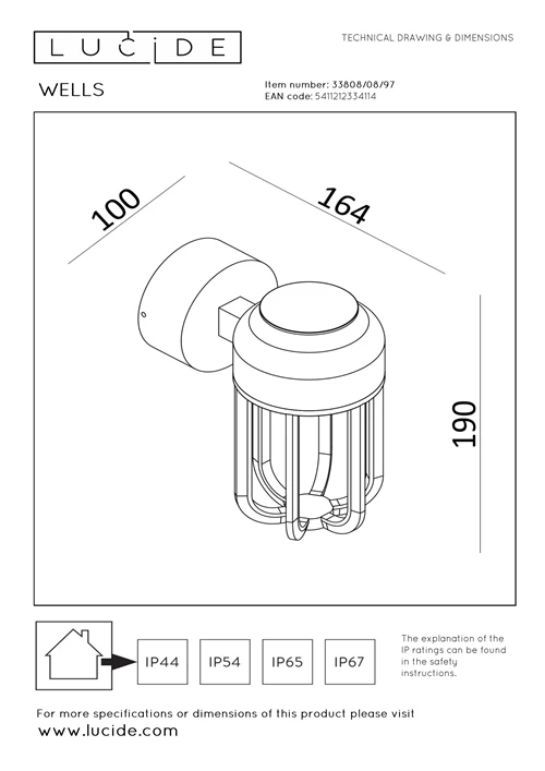 Lucide WELLS - Lámpara de pared Dentro/Fuera - Ø 10 cm - LED - 1x8W 2700K - IP54 - Marrón óxido | Essential - técnico